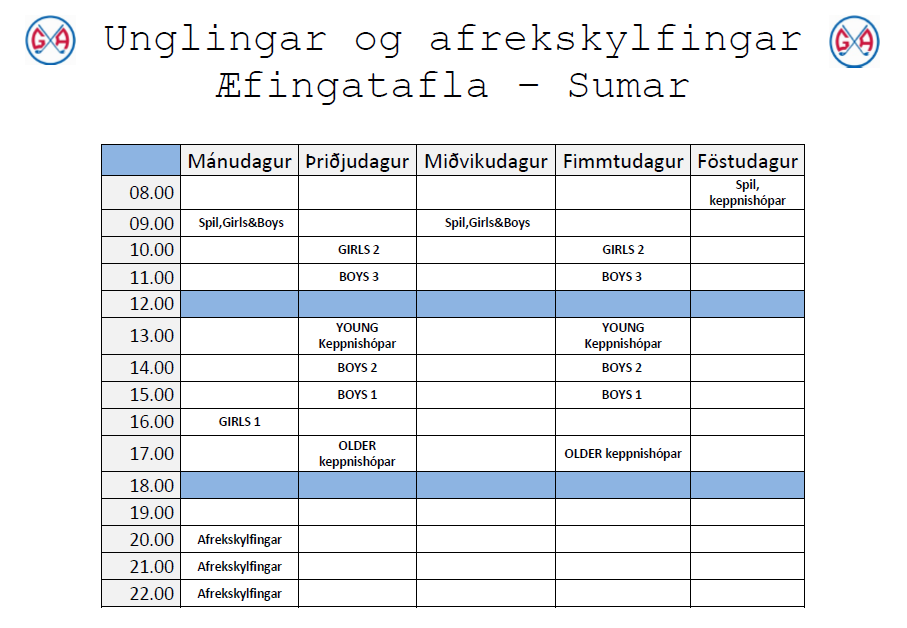 Æfingatafla fyrir sumarið 2013