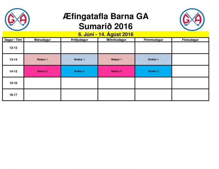 Æfingatafla GA Barna Sumarið 2016