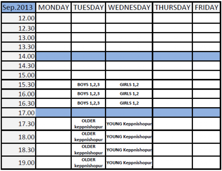 Uppfærð æfingatafla